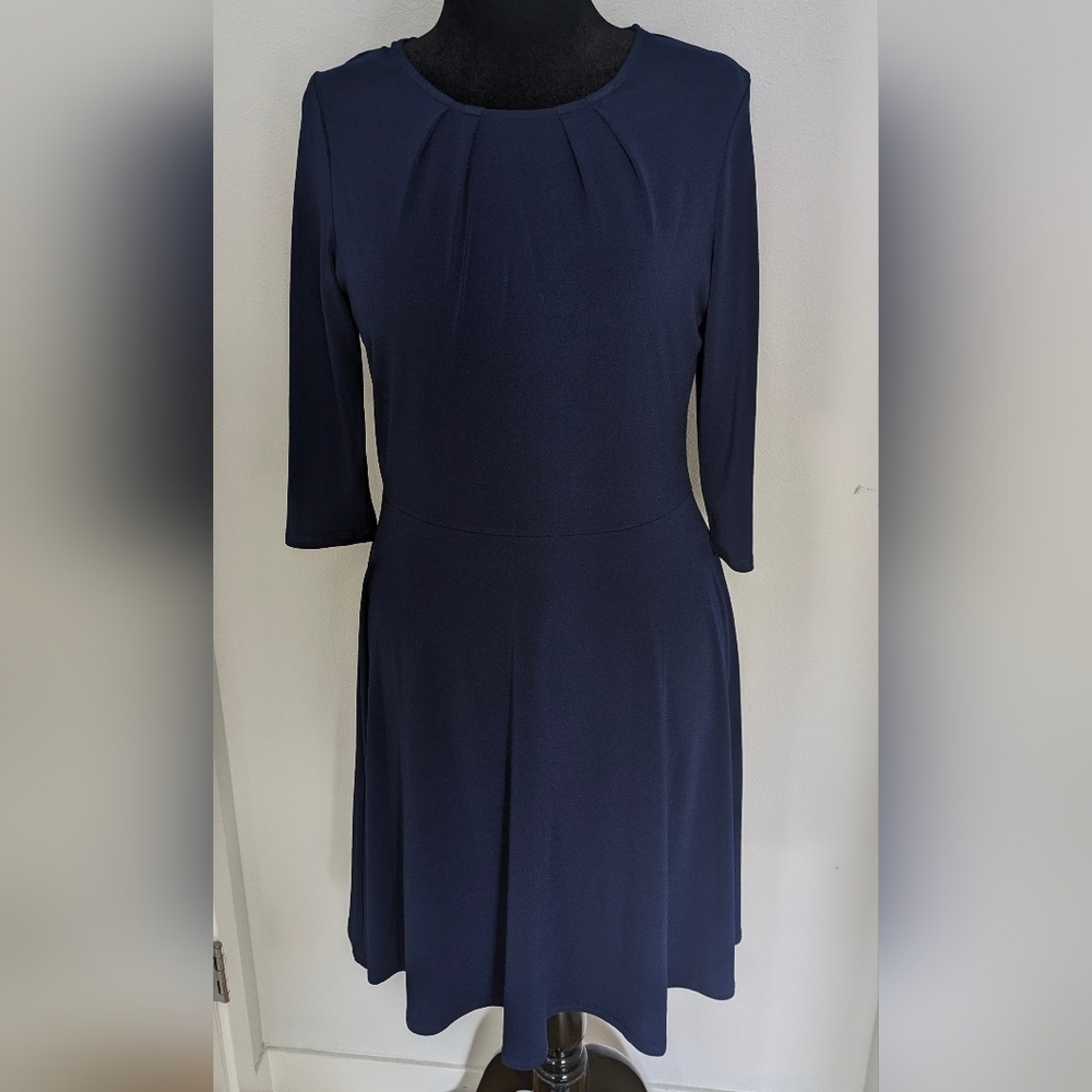 Leota Women's Fit And Flare Stretch Dress with 3/4 Sleeves Size L Dark Blue EUV